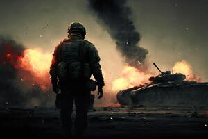 Krieg mit Soldat und Panzer beim Schlachtfeld. generativ ai. foto