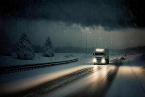 LKW und Autos Fahren durch Schnee Sturm auf Autobahn. generativ ai. foto