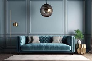 ein Blau Couch im ein Leben Zimmer mit ein Blau Mauer hinter es ai foto