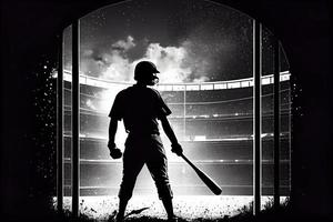 Silhouette, das Bild von ein Baseball Spieler mit ein Schläger auf das Hintergrund von das Stadion foto