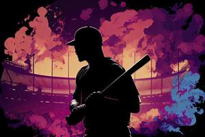 Silhouette, das Bild von ein Baseball Spieler mit ein Schläger auf das Hintergrund von das Stadion foto