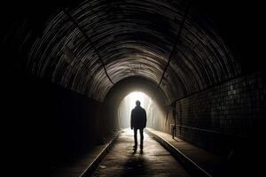 Silhouetten von mysteriös Mann auf Tunnel, ai generiert foto