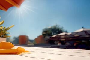 hölzern Tabelle auf hell Tag Sonnenschutz Produkt, ai generativ foto