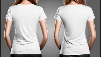 t - - Hemd Attrappe, Lehrmodell, Simulation. Weiß leer t - - Hemd Vorderseite und zurück Ansichten. weiblich und männlich Kleider tragen klar attraktiv bekleidung T-Shirt Modelle Vorlage, generativ ai foto
