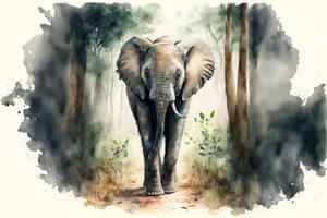 ai generiert süß Baby Elefant ist Gehen im Wald. Aquarell Gemälde von süß Kalb wild Tiere. foto