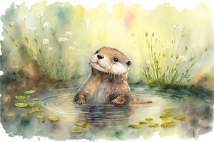 ai generiert süß Otter ist spielen im See. Aquarell Gemälde von süß Otter wild Tiere. foto