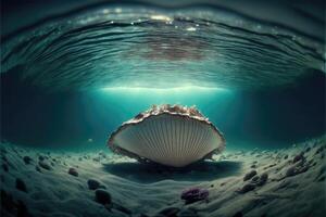 ai generiert Muschel Sitzung auf das Ozean Fußboden unter Wasser Welt. foto
