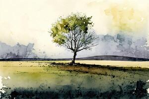 ai generiert einsam Baum steht im ein Feld Aquarell malen. symbolisieren Gefühle von Isolation. foto