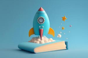 Karikatur Stil Rakete Starten von ein Buch auf Licht Blau Hintergrund, Vorderseite Sicht. Konzept von Anfang Geschäft Idee nehmen aus. generativ ai foto