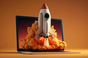 Rakete nehmen aus von Laptop mit dramatisch Rauch auf Orange Hintergrund, Seite Winkel. Konzept von Start oben Geschäft Starten in Erfolg. generativ ai foto