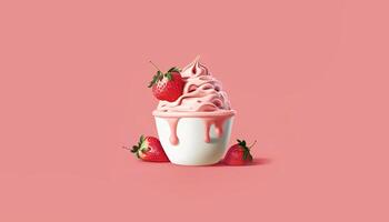 Erdbeere Joghurt oder Creme. frisch Beeren. 3d Wirkung. Rosa Hintergrund, Banner foto