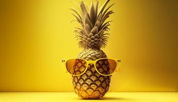 Ananas mit Sonnenbrille auf Gelb Hintergrund. saftig Obst foto