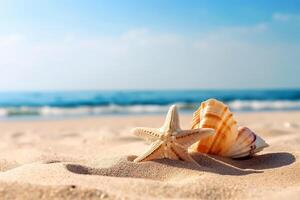 schön Meer Muscheln auf das Strand mit Zimmer zum ein Produkt oder Werbung Text mit Kopieren Raum. generativ ai foto