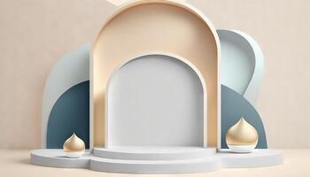 Weiß Sanft Pastell- Podium islamisch Hintergrund. Ramadhan Ornament auf Weiß Sanft Teppich Hintergrund. generativ ai foto
