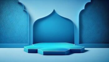 Blau Sanft Pastell- Podium islamisch Hintergrund. Ramadhan Ornament auf Blau Sanft Teppich Hintergrund. generativ ai foto