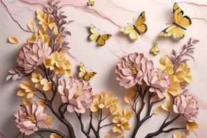 ai generiert 3d Hintergrund Rosa und Gelb Blumen mit braun Geäst und Schmetterlinge auf Licht Rosa Marmor Hintergrund. foto