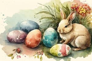 ai generiert Aquarell Gemälde glücklich Hase und Ostern Eier Karikatur. Ostern Hase, Ostern Kaninchen, Ostern Hase Konzept. foto
