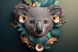 3d Koala Gesicht mit Blumen. ai generiert foto