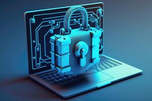 ai generiert 3d Cyber Sicherheit Illustration mit Hightech Vorhängeschloss schützen ein Laptop Computer im hd Blau Hintergrund. foto