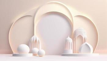 Weiß Sanft Pastell- Podium islamisch Hintergrund. Ramadhan Ornament auf Weiß Sanft Teppich Hintergrund. modern abstrakt Design Vorlage foto