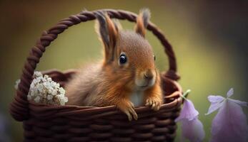 ein süß Eichhörnchen im ein Ostern Korb, ai generativ foto