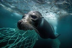 ein Baby Siegel gefangen im Plastik Trümmer schwebend im das Norden Pazifik, unter Wasser Fotografie. das Konzept von ein ökologisch Katastrophe verursacht durch Plastik Müll. ai generiert foto