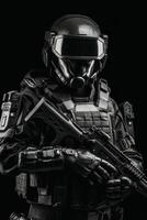 ein Prototyp von ein modern schwarz Militär- Polizei Uniform zum Besondere Einheiten. das Konzept von futuristisch Militär- Lösungen zeigt an das Zukunft von Rüstungen. ai generiert foto
