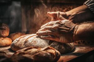ein Bäcker Backen traditionell, gesund Brot im ein groß Ofen. gesund echt Brot produziert mit das traditionell Methode. ai generiert foto
