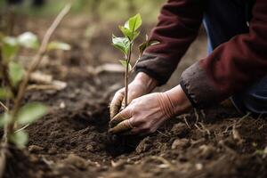 ein Gärtner im Handschuhe Pflanzen jung Baum Sämlinge in das Boden. das Konzept von Frühling und das Anfang von Arbeit im das Garten. ai generiert foto