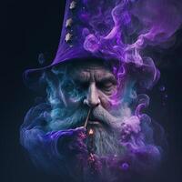 Illustration Magier mit ein Magie Hut und lila Rauch gemacht mit generativ ai foto