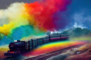 Illustration ein Dampf Lokomotive mit bunt Regenbogen Rauch gemacht mit generativ ai foto