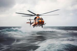 Suche und Rettung Betrieb im Meer. Notfall Rettung Hubschrauber fliegt Über Meer Oberfläche, suchen zum die Opfer nach Absturz. erstellt mit generativ ai foto