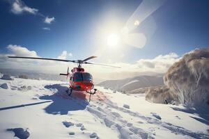 Suche und Rettung Betrieb im Berge. medizinisch Rettung Hubschrauber Landung im schneebedeckt Berge. erstellt mit generativ ai foto