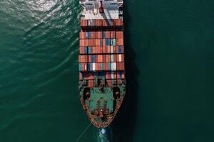 Container Schiff Tragen Container im Meer, Antenne Sicht. Ladung maritim Schiff. logistisch Konzept. erstellt mit generativ ai foto