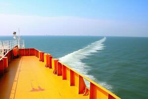 Aussicht von Deck von Ladung Schiff zu Meer. erstellt mit generativ ai foto