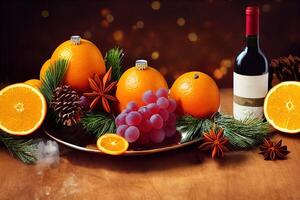 Illustration von Weihnachten Wein mit Orangen und Gewürze foto