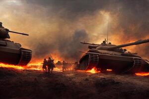 Illustration von ein Schlachtfeld im Krieg mit Panzer foto