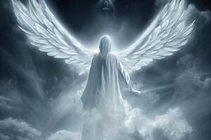 Illustration von ein Weiß Engel im das Nebel foto