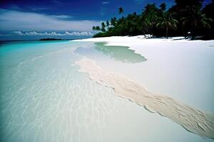 ai generiert abstrakt Hintergrund von Kristall klar Wasser, Blau Himmel und Weiß Sand Strand. foto