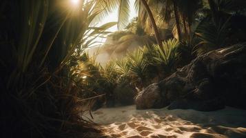 tropisch Strand mit Palme Bäume und Sand Dünen beim Sonnenuntergang, blau Meer foto