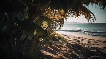tropisch Strand mit Palme Bäume und Sand Dünen beim Sonnenuntergang, blau Meer foto