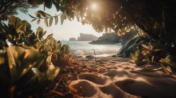 tropisch Strand mit Palme Bäume und Sand Dünen beim Sonnenuntergang, blau Meer foto