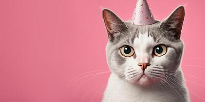 Katze haben Geburtstag. süß Haustier feiern Geburtstag. Rosa Banner mit Kopieren Raum zum Text. Feier, Party Konzept. generativ ai. foto