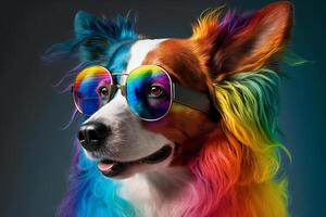 cool und bunt Hund mit Sonnenbrille. Regenbogen Farben. Diversität, Toleranz, Aufnahme Konzept. anders und einzigartig zu Sei. modisch Hündchen. generativ ai. foto