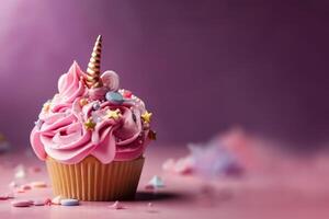 süß Cupcake zum Kinder mit Kopieren Raum. glücklich Geburtstag Nachtisch. Kinder- Party. leeren Raum zum Text. Postkarte, Gruß Karte Design. Einhorn Muffin. generativ ai. foto