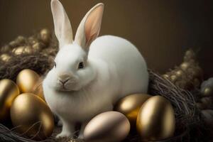 golden Ostern Eier und Weiß Hase auf dunkel Hintergrund. Postkarte, Gruß Karte Design. pascha, glücklich Ostern Tag. generativ ai. foto