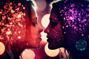 zwei Frauen sind küssen. schön Licht, Bokeh Wirkung. Valentinstag Tag, Liebe. LGBT, Lesben Paar, Beziehung. Diversität, Homosexualität. generativ ai. foto