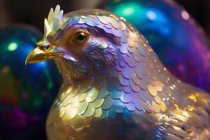 holographisch Ostern Hähnchen und Eier. beschwingt, irisierend Farben. glücklich Ostern Tag. modisch Design. generativ ai. foto