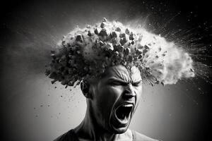Kopf Explosion. Kopfschmerzen, Aggression, Negativ Emotionen Konzept. verlieren Kontrolle. Probleme mit mental Gesundheit. Wut. generativ ai. foto