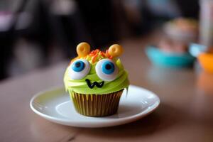 süß und komisch Cupcake zum Kinder. glücklich Geburtstag, Halloween Nachtisch. Kinder- Party. Monster- Muffin. generativ ai. foto
